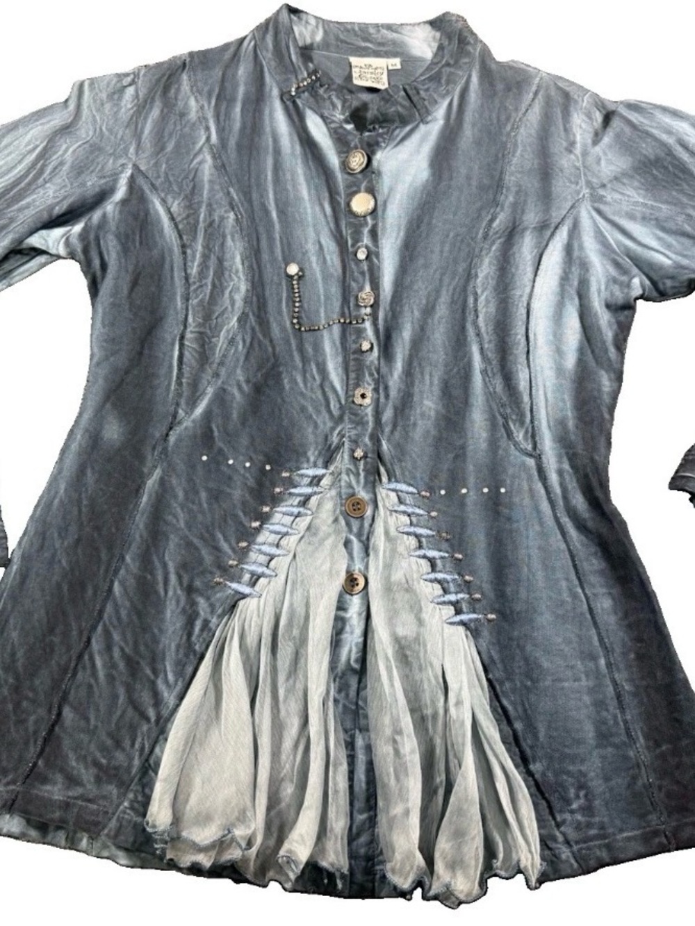 Parsley & Sage Tunic Top Women’s M Blue Boho Artsy Button Sheer Hem Cotton